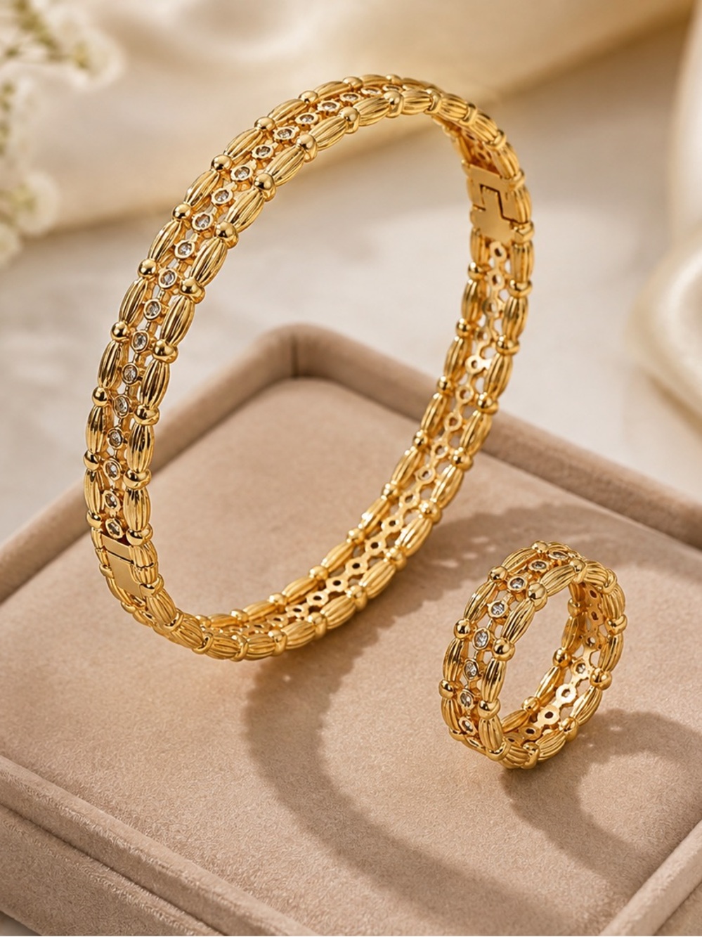 Gold-Tone Rhinestone Bracelet & Ring Set – Elegant Statement Jewelry